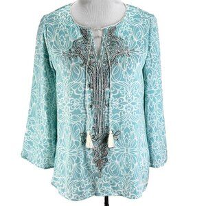 Chicos Blouse Sz 0 S Aqua White Print Embroidered Long Sleeve Tie Neck Womens
